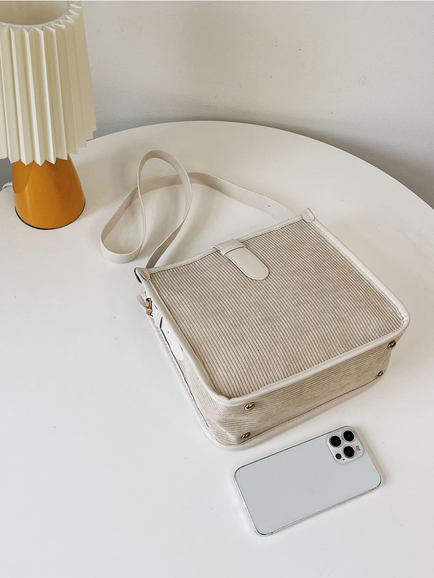 Contrast Binding Corduroy Square Bag