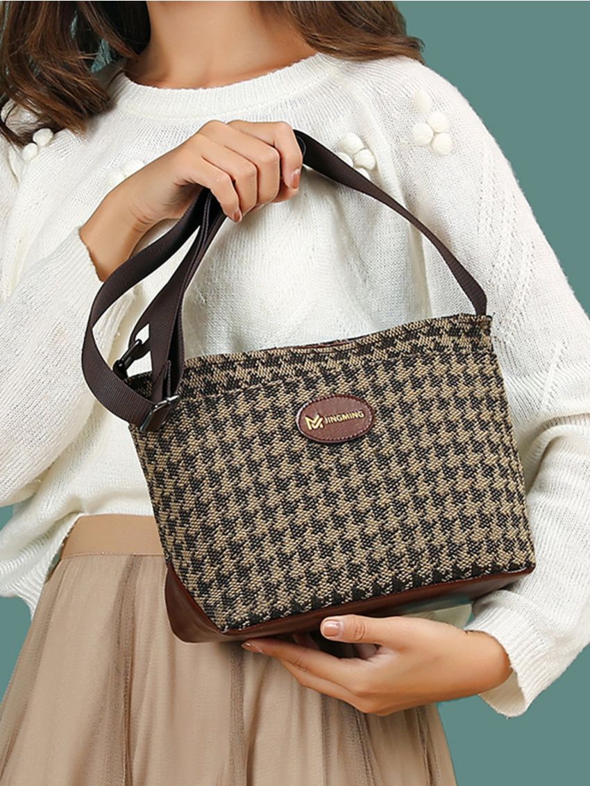 Houndstooth Pattern Patch Detail Crossbody Bag