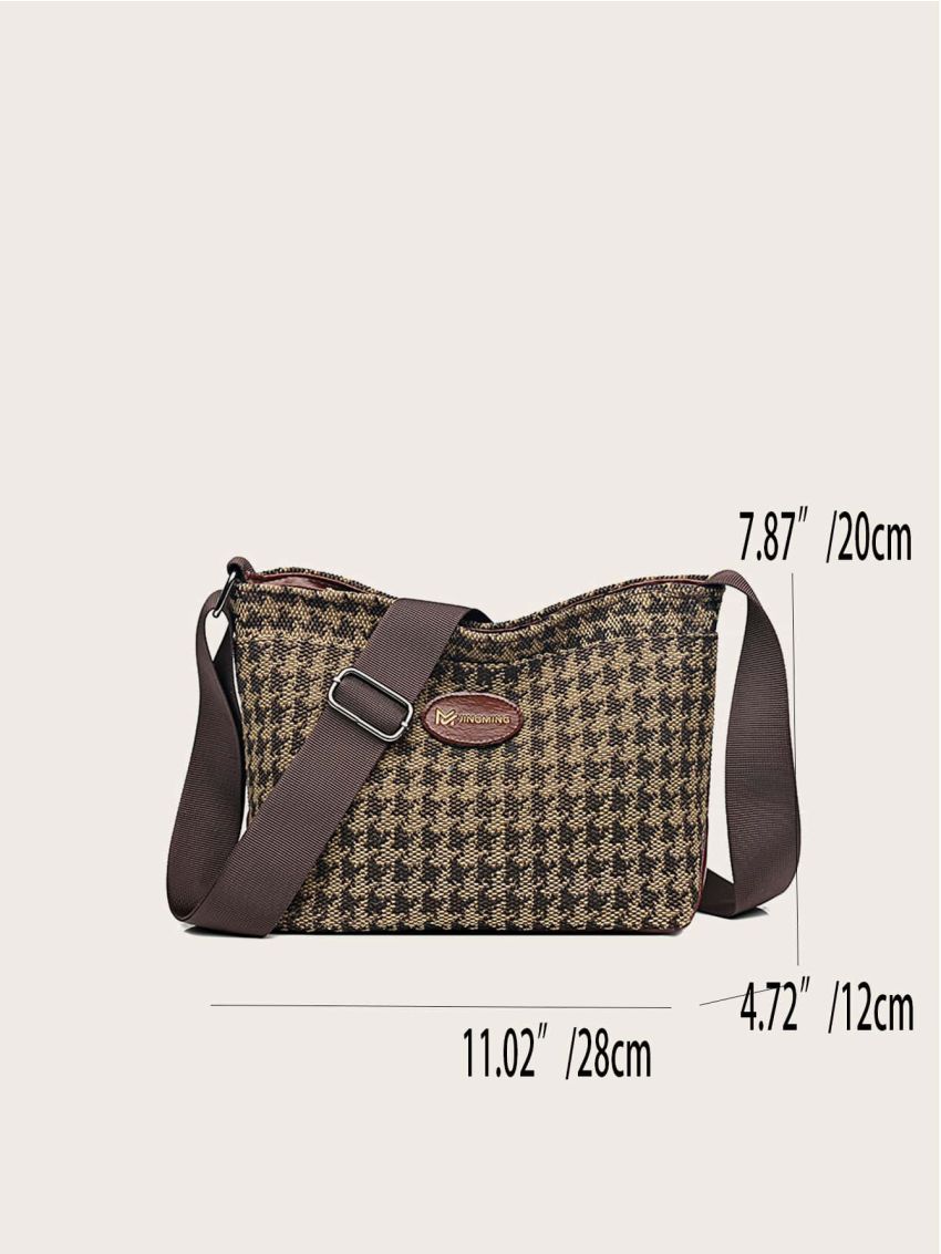 Houndstooth Pattern Patch Detail Crossbody Bag