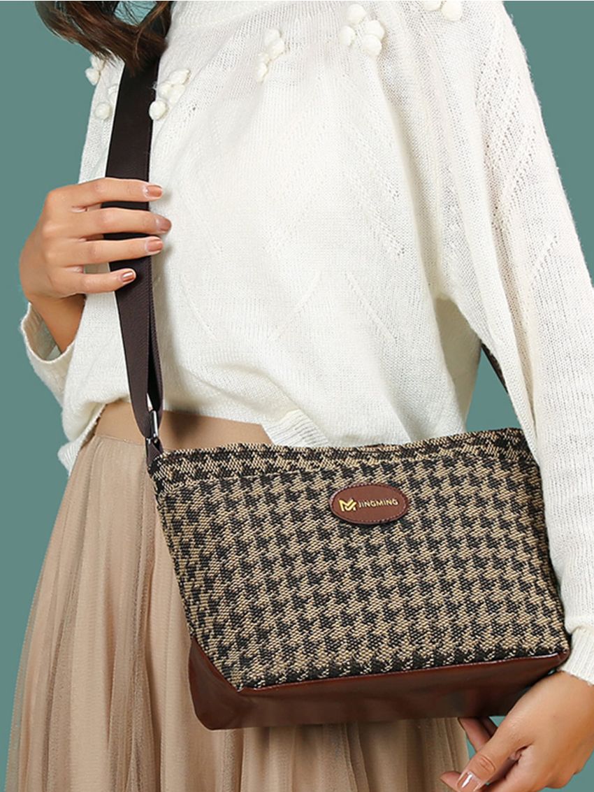 Houndstooth Pattern Patch Detail Crossbody Bag