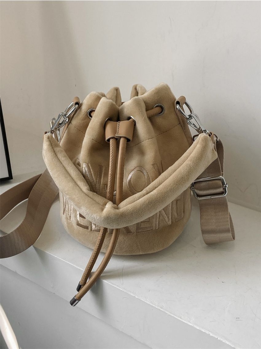 Letter Embroidered Drawstring Fuzzy Bucket Bag