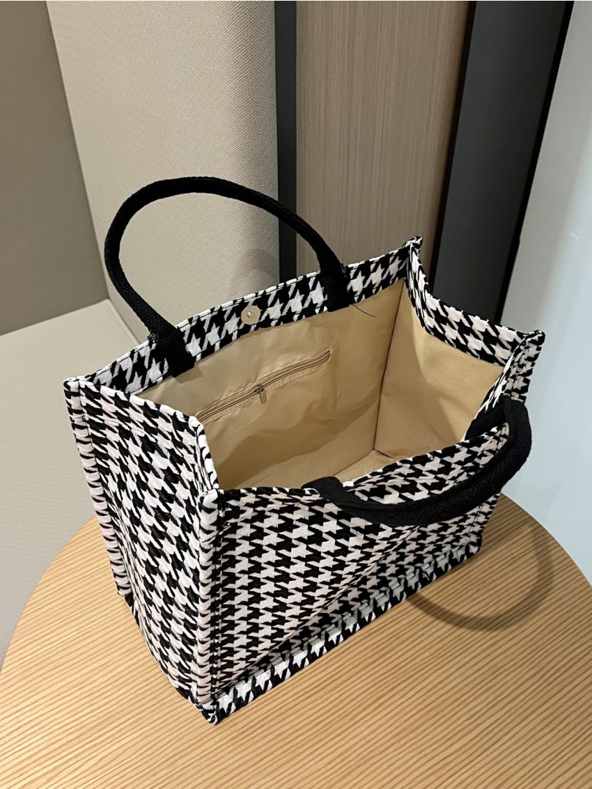 Houndstooth Pattern Tweed Top Handle Bag
