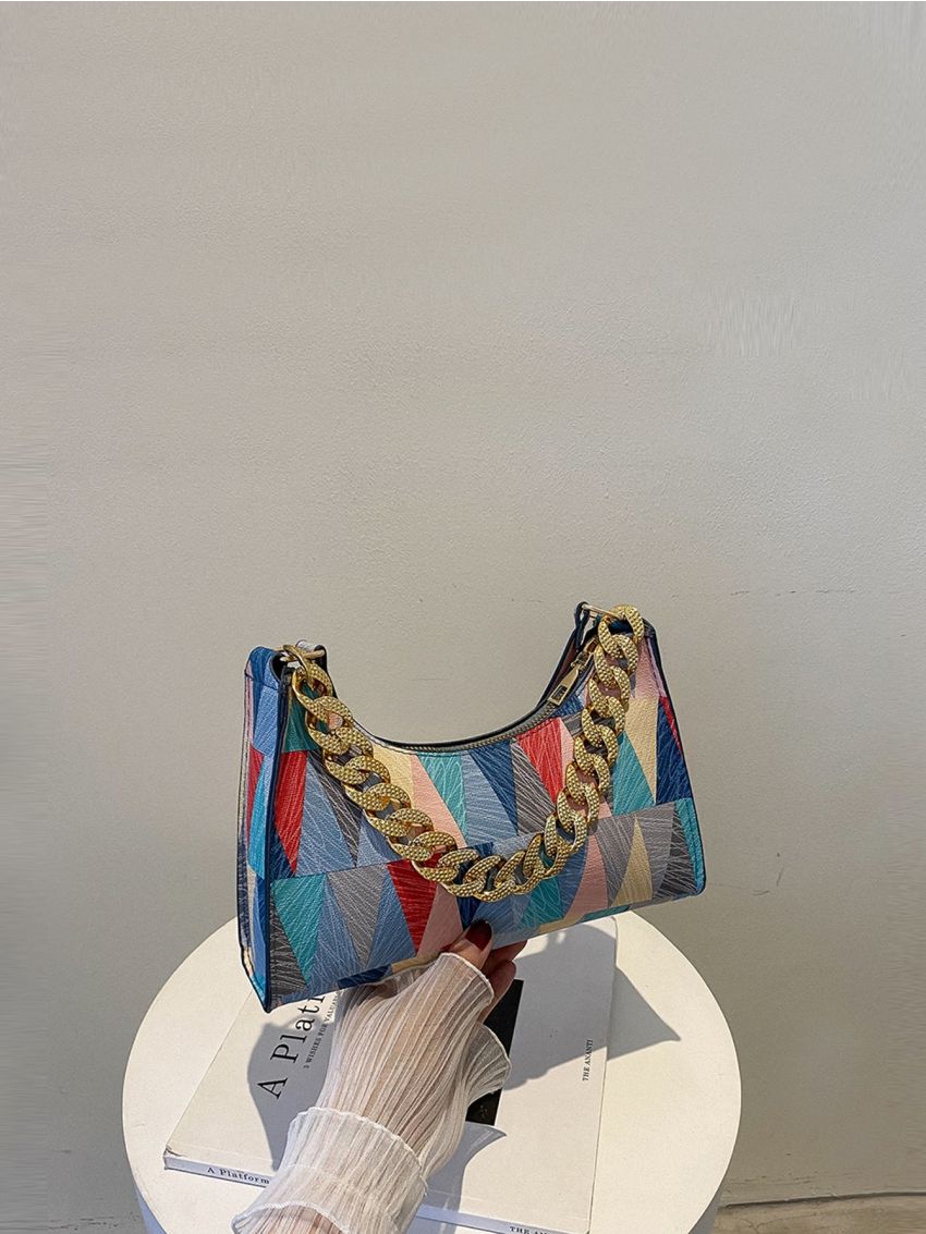 Geometric Pattern Chain Decor Baguette Bag, Mothers Day Gift For Mom