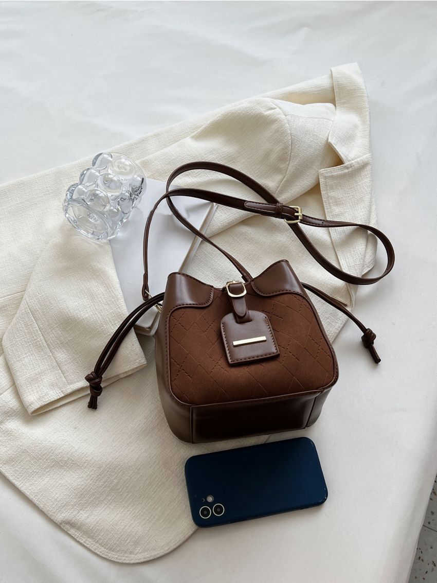 Mini Argyle Embossed Buckle Decor Drawstring Bucket Bag