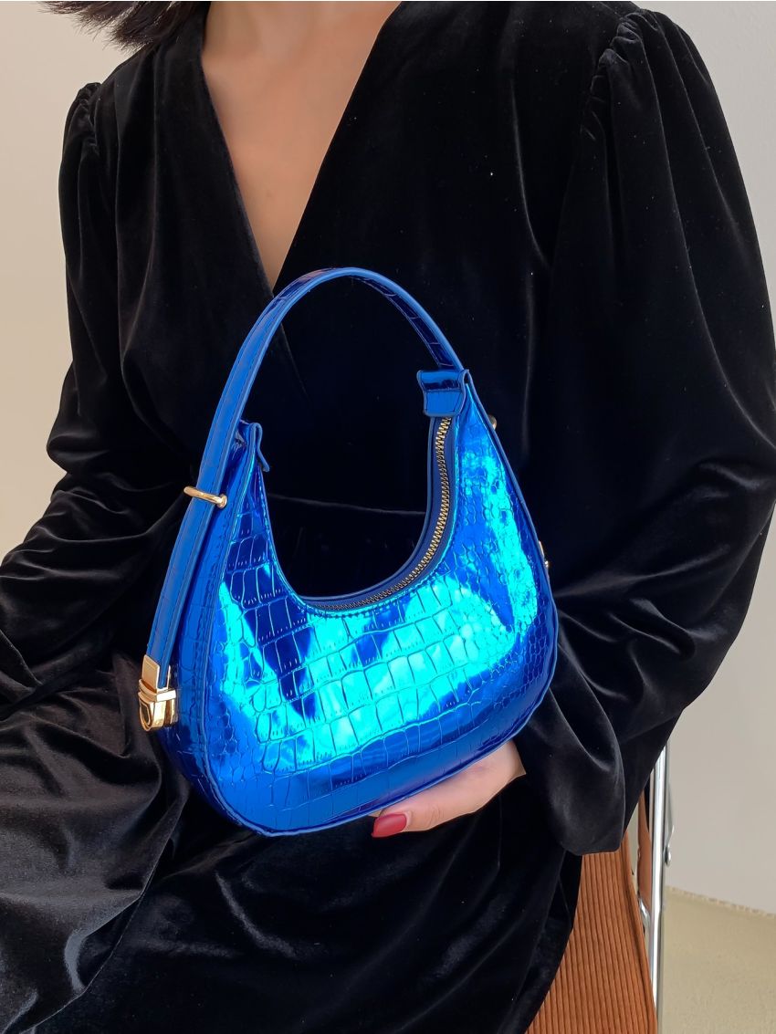 Mini Neon Blue Crocodile Embossed Hobo Bag