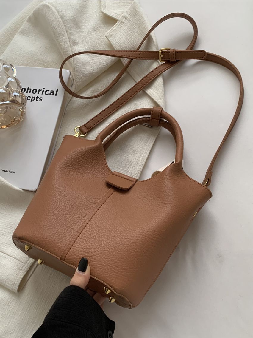 Letter Embossed Twilly Scarf Decor Bucket Bag With Inner Pouch