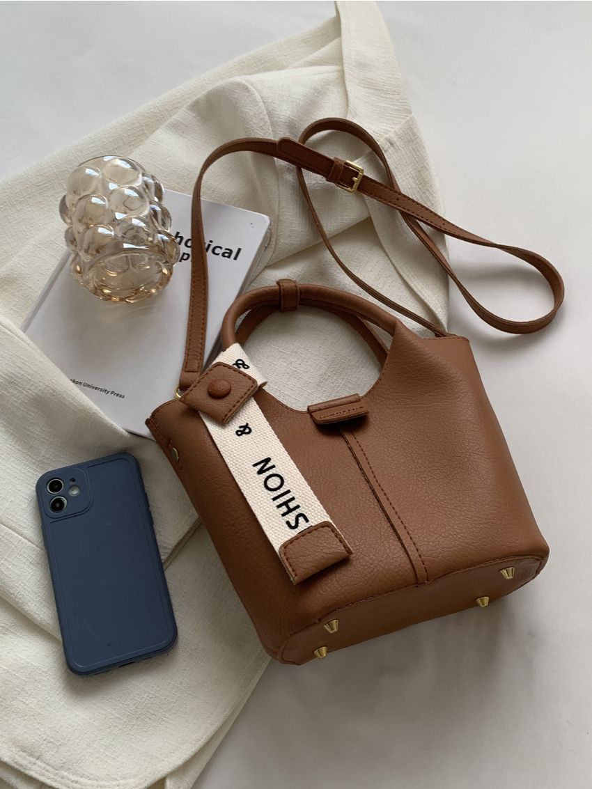 Letter Embossed Twilly Scarf Decor Bucket Bag With Inner Pouch