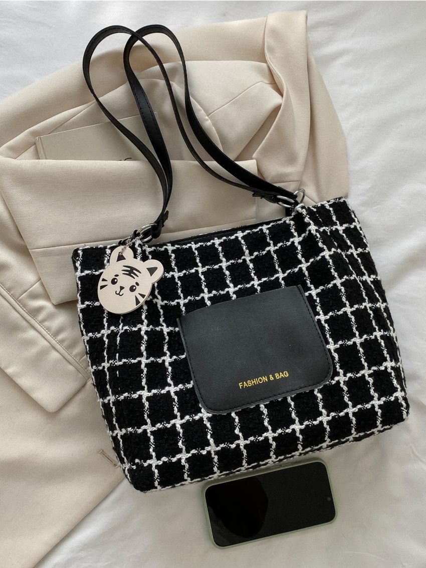 Plaid & Letter Graphic Tweed Shoulder Tote Bag With Cartoon Bag Charm