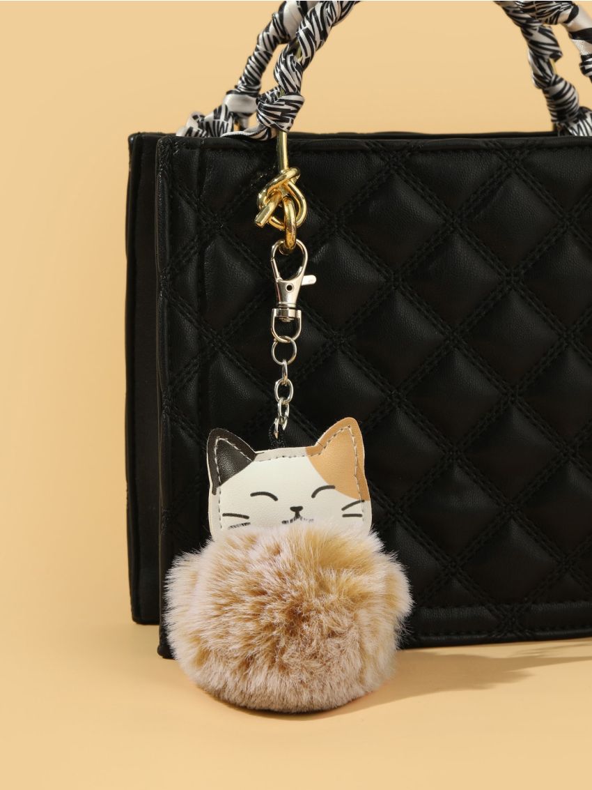 Cartoon Cat & Pom Pom Design Bag Charm Cute Cat Pom Pom Plush Keychain