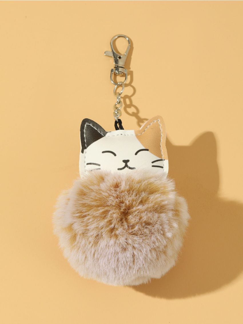 Cartoon Cat & Pom Pom Design Bag Charm Cute Cat Pom Pom Plush Keychain