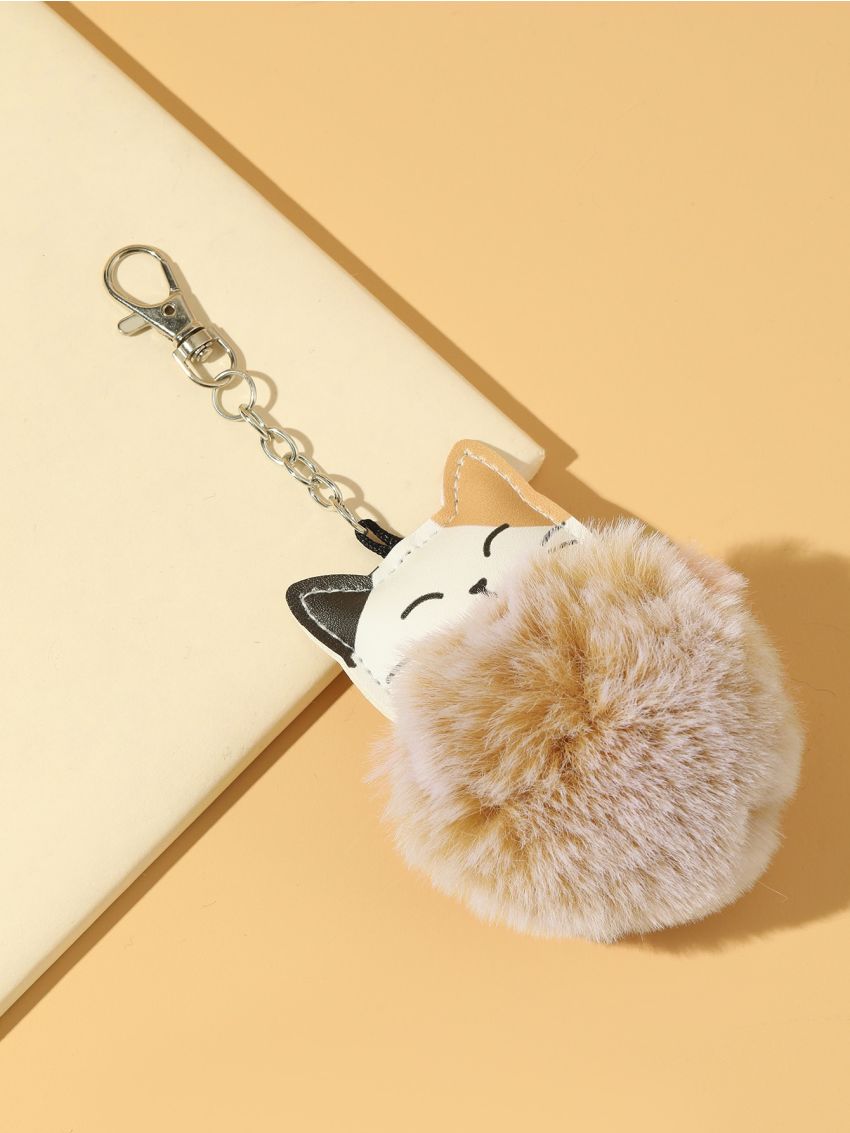 Cartoon Cat & Pom Pom Design Bag Charm Cute Cat Pom Pom Plush Keychain