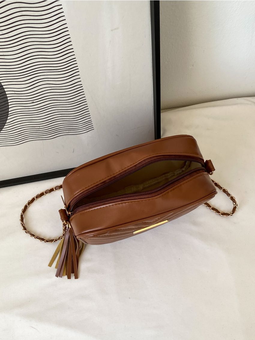 Mini Chevron Detail Tassel Decor Chain Square Bag