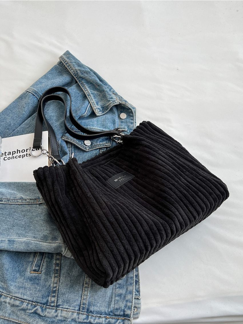 Patch Detail Corduroy Shoulder Tote Bag