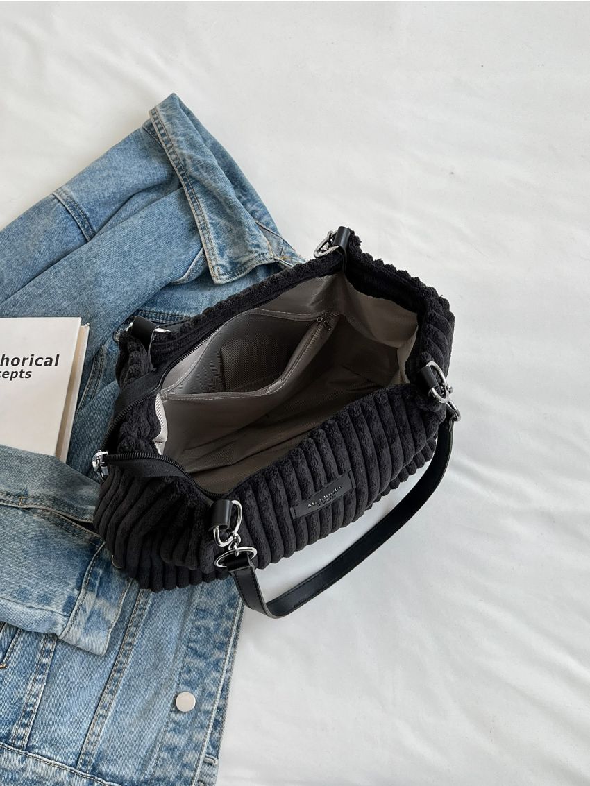 Patch Detail Corduroy Shoulder Tote Bag