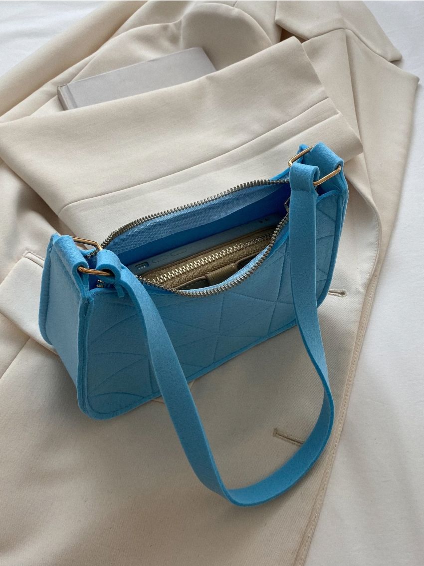 Neon Pink Mini Geometric Quilted Felt Baguette Bag