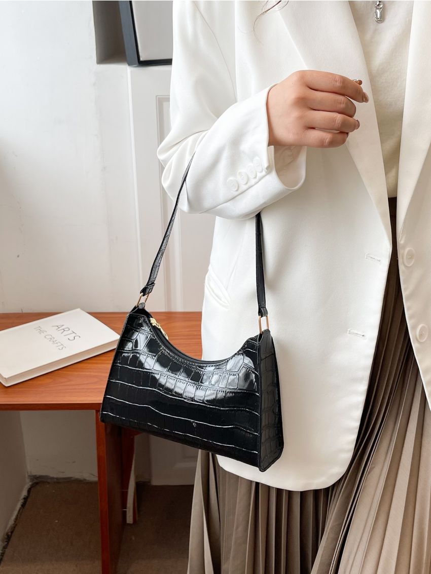 Crocodile Embossed Baguette Bag