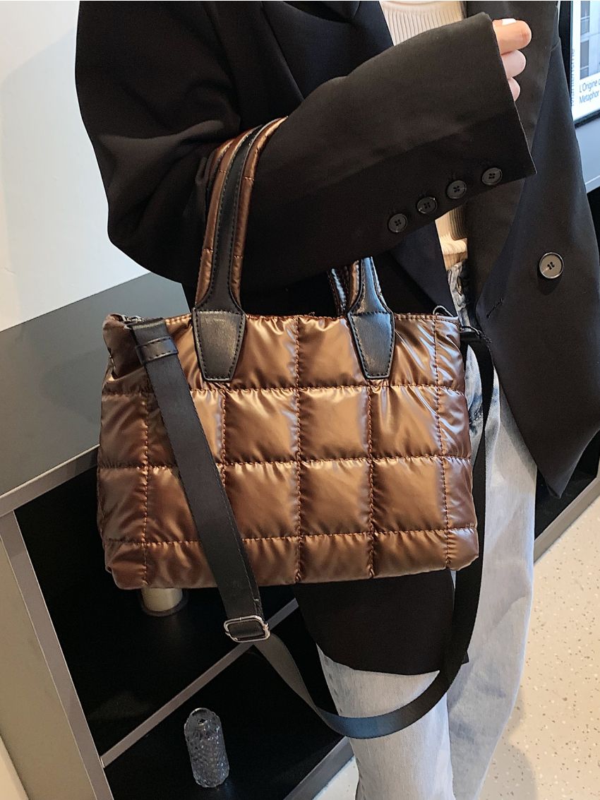 Metallic Quilted Double Handle Satchel Bag