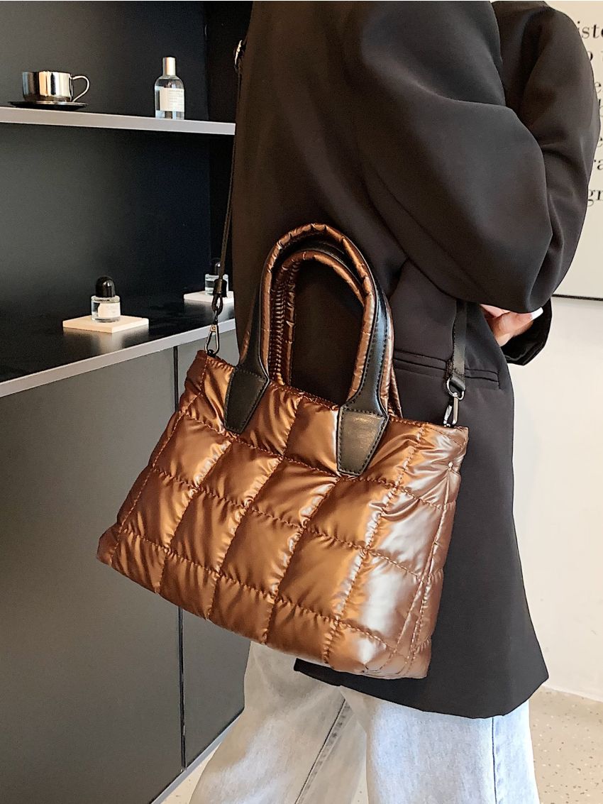 Metallic Quilted Double Handle Satchel Bag
