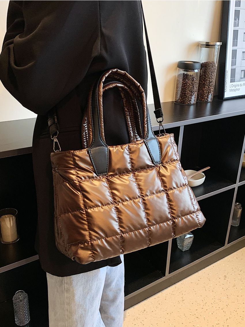 Metallic Quilted Double Handle Satchel Bag