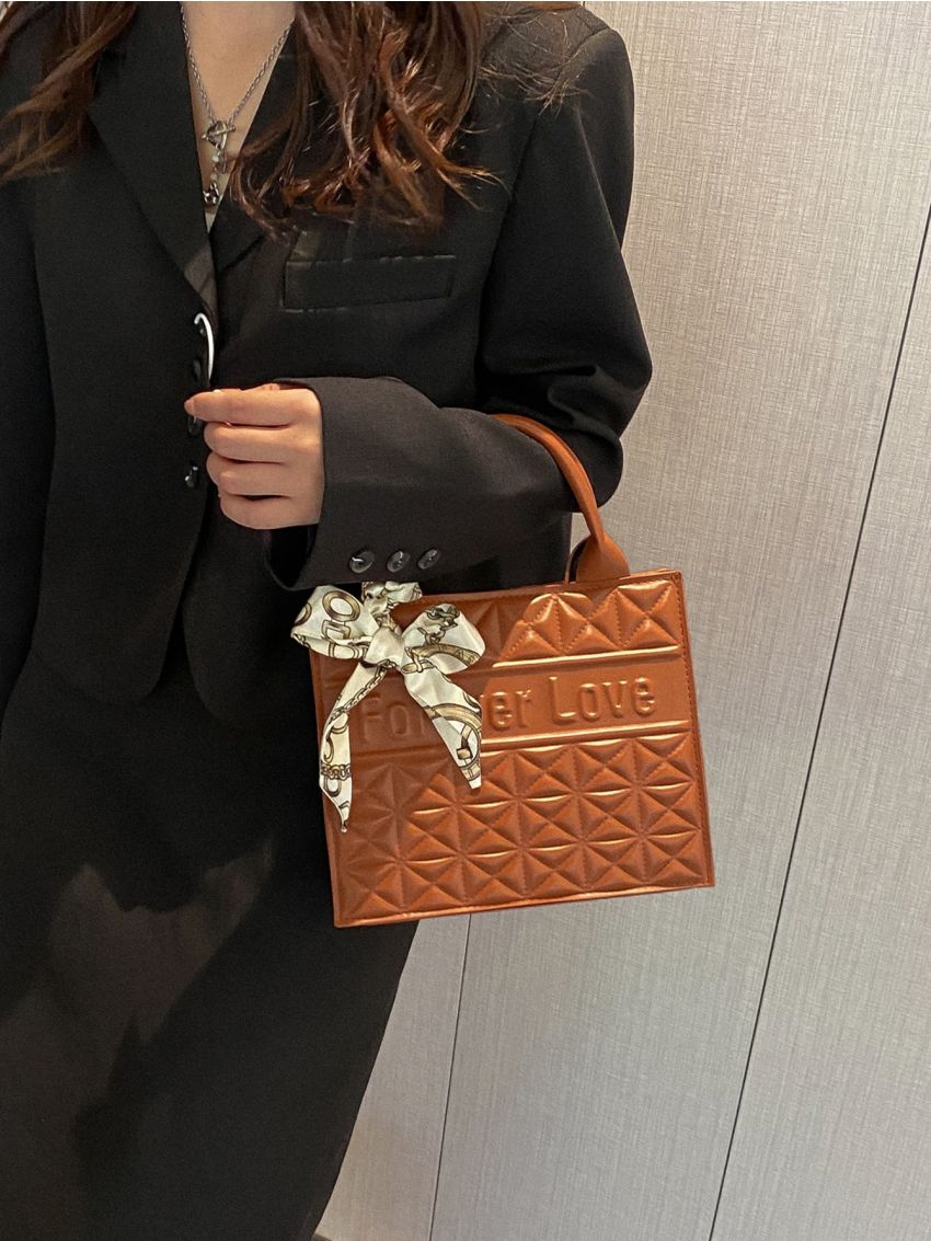 Letter Embossed Twilly Scarf Decor Quilted Square Bag