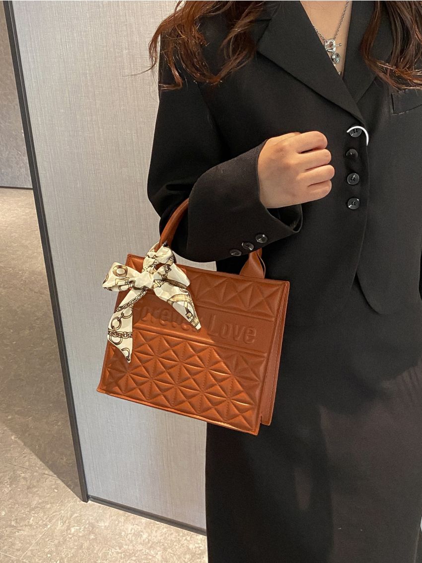 Letter Embossed Twilly Scarf Decor Quilted Square Bag