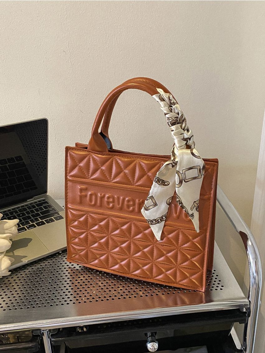 Letter Embossed Twilly Scarf Decor Quilted Square Bag