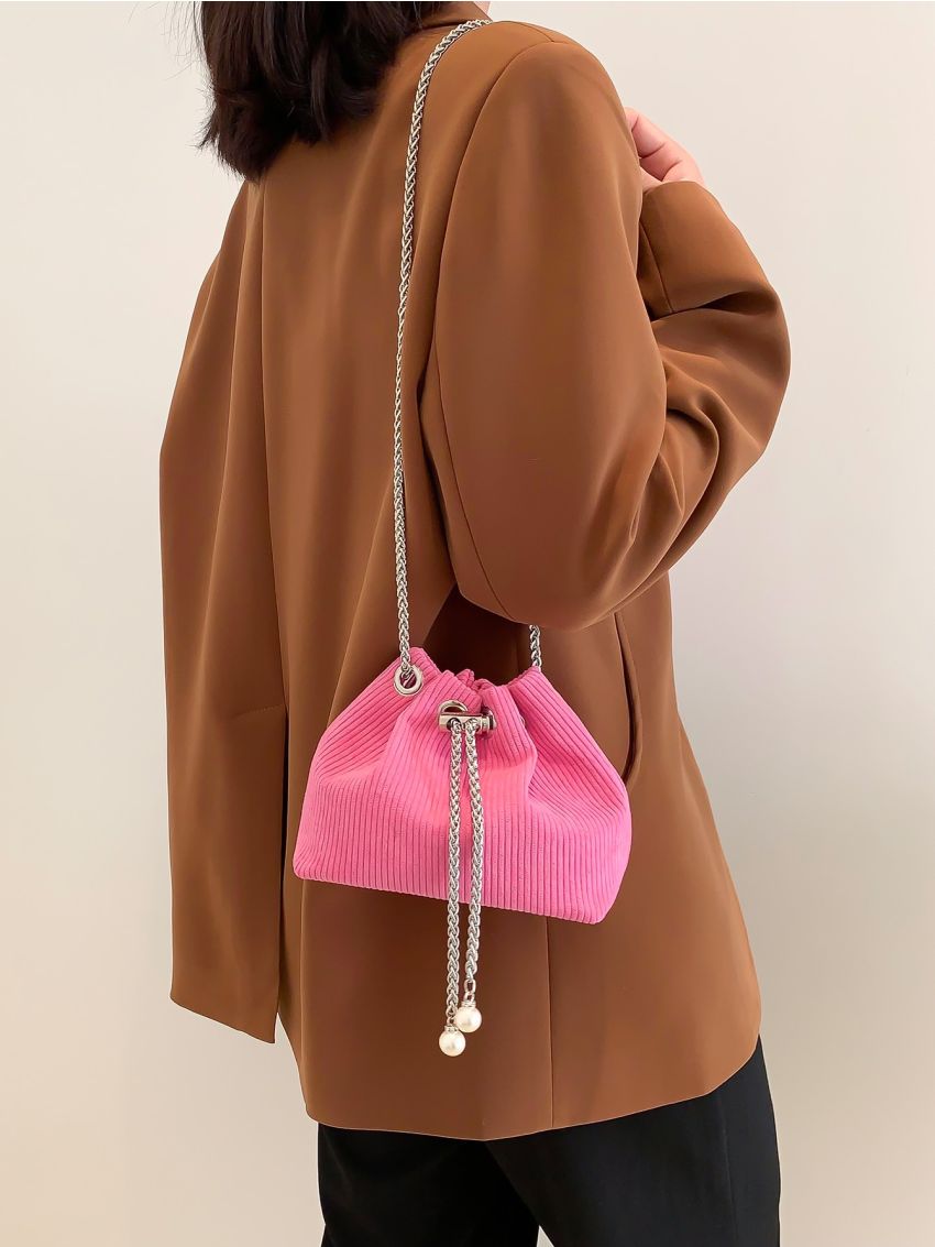 Mini Faux Pearl Decor Chain Corduroy Bucket Bag