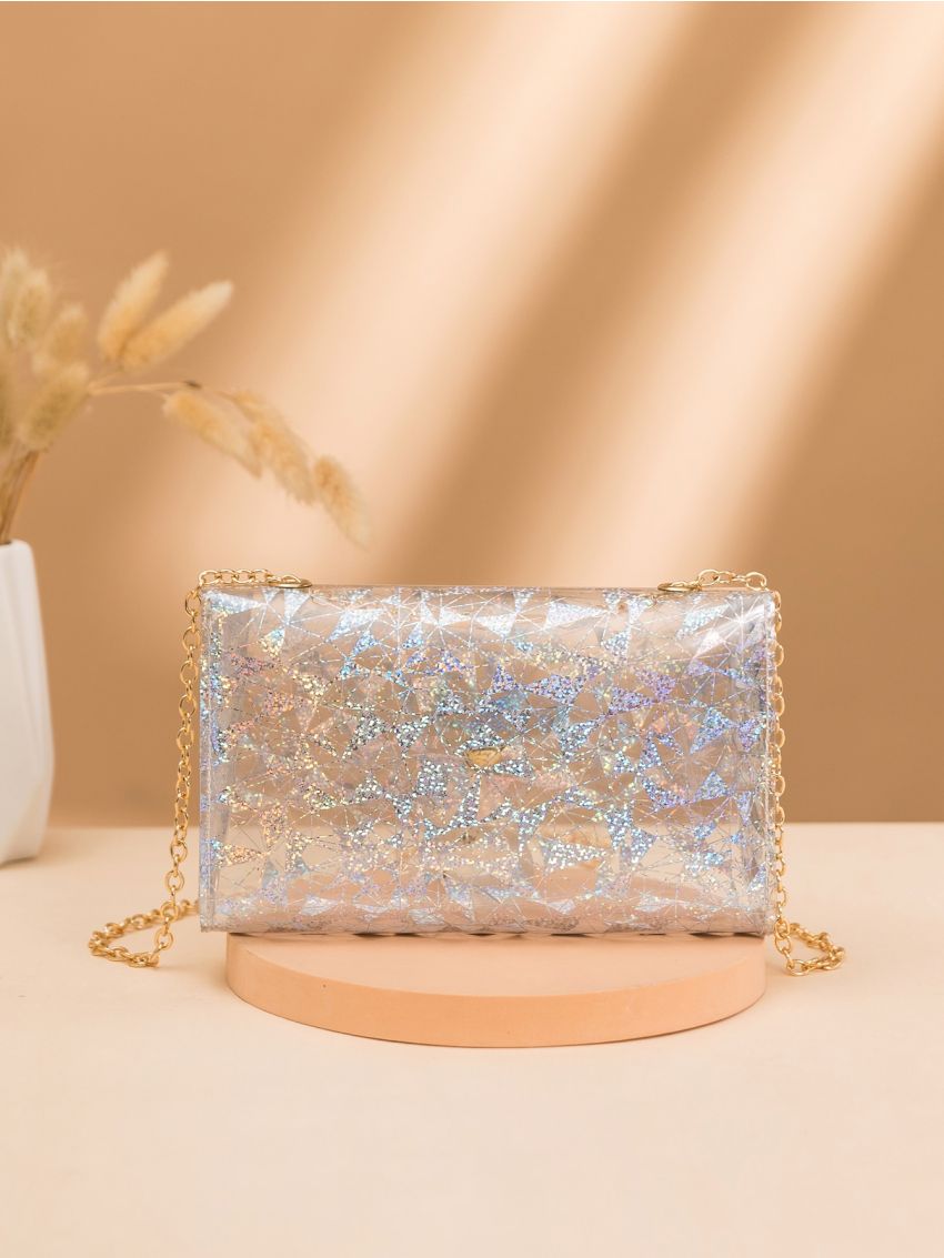 Geometric Pattern Square Bag Clear Flap Chain Strap Fashionable