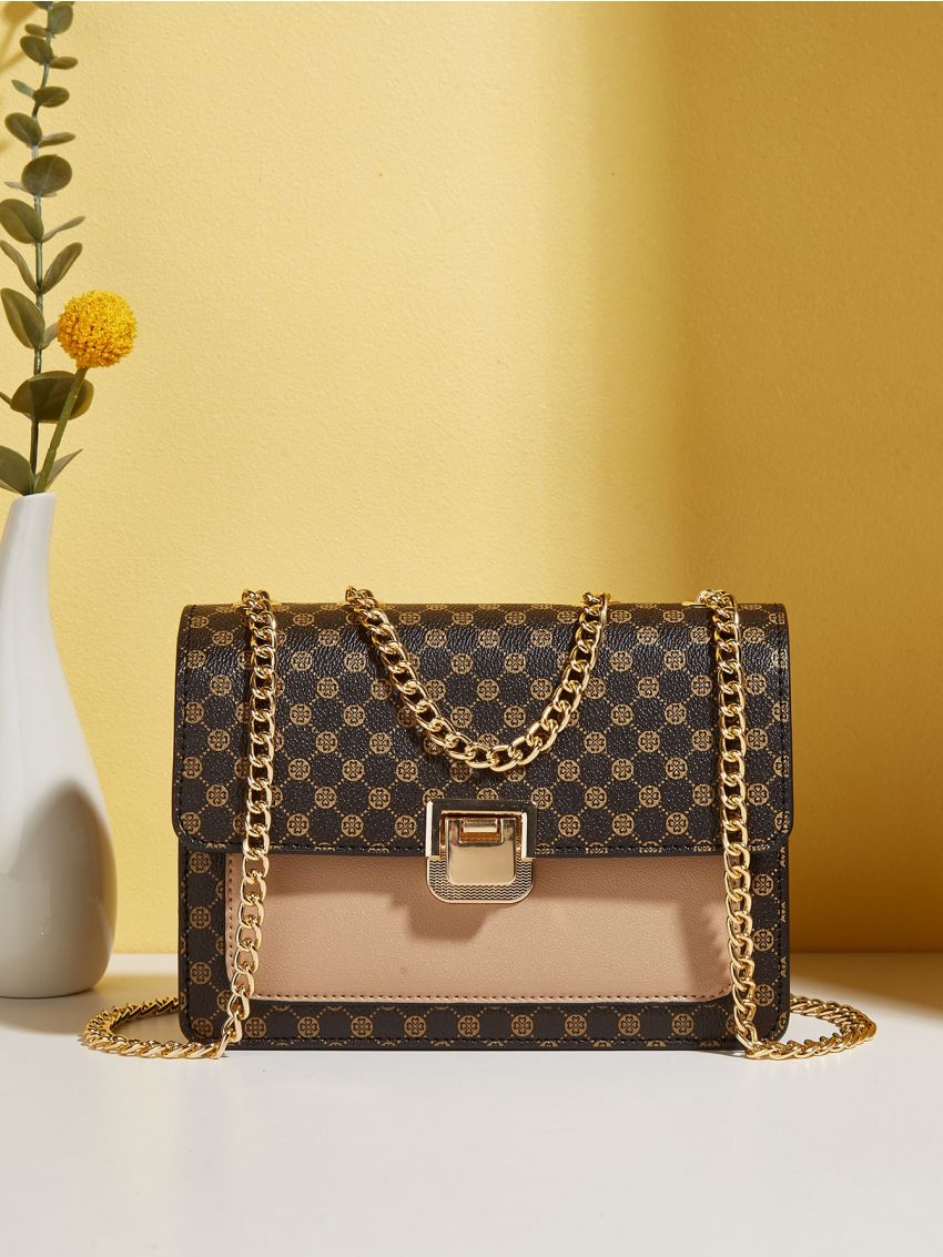 Mini Geometric Pattern Chain Flap Square Bag