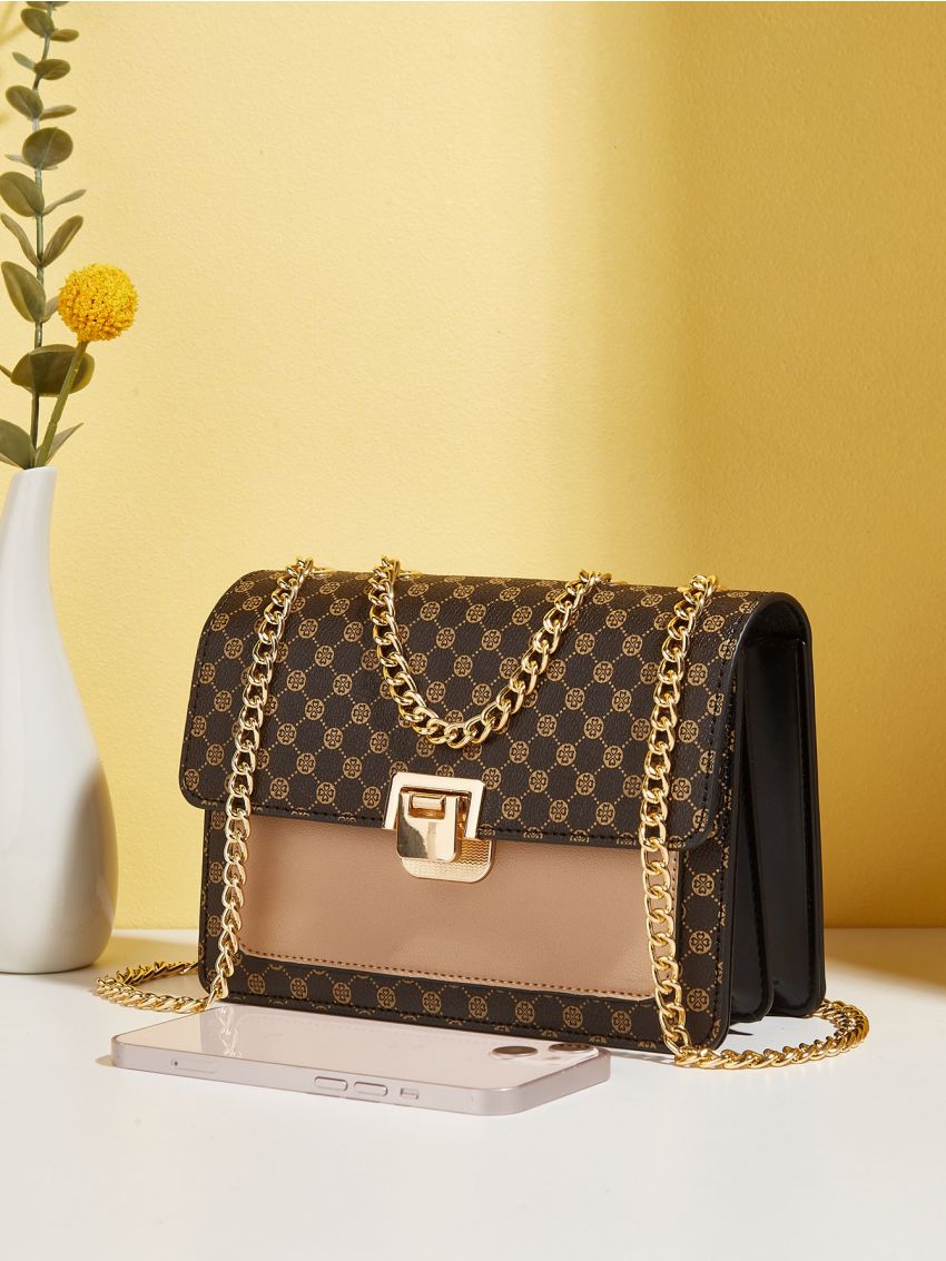 Mini Geometric Pattern Chain Flap Square Bag