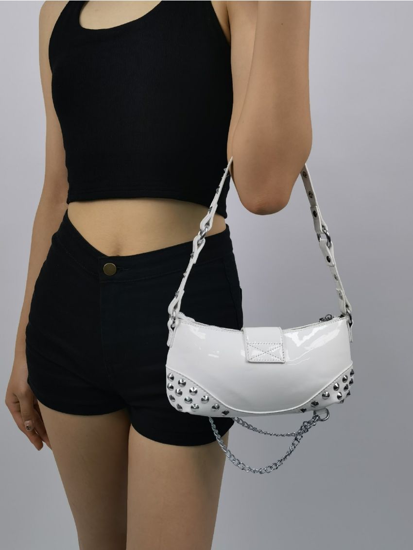 Buckle & Studded Decor Chain Baguette Bag
