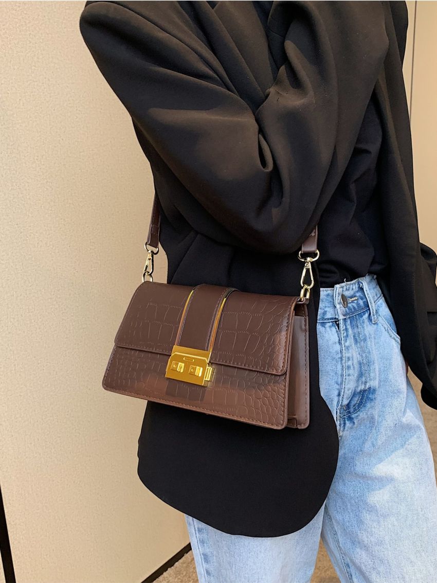 Crocodile Embossed Push Lock Flap Square Bag