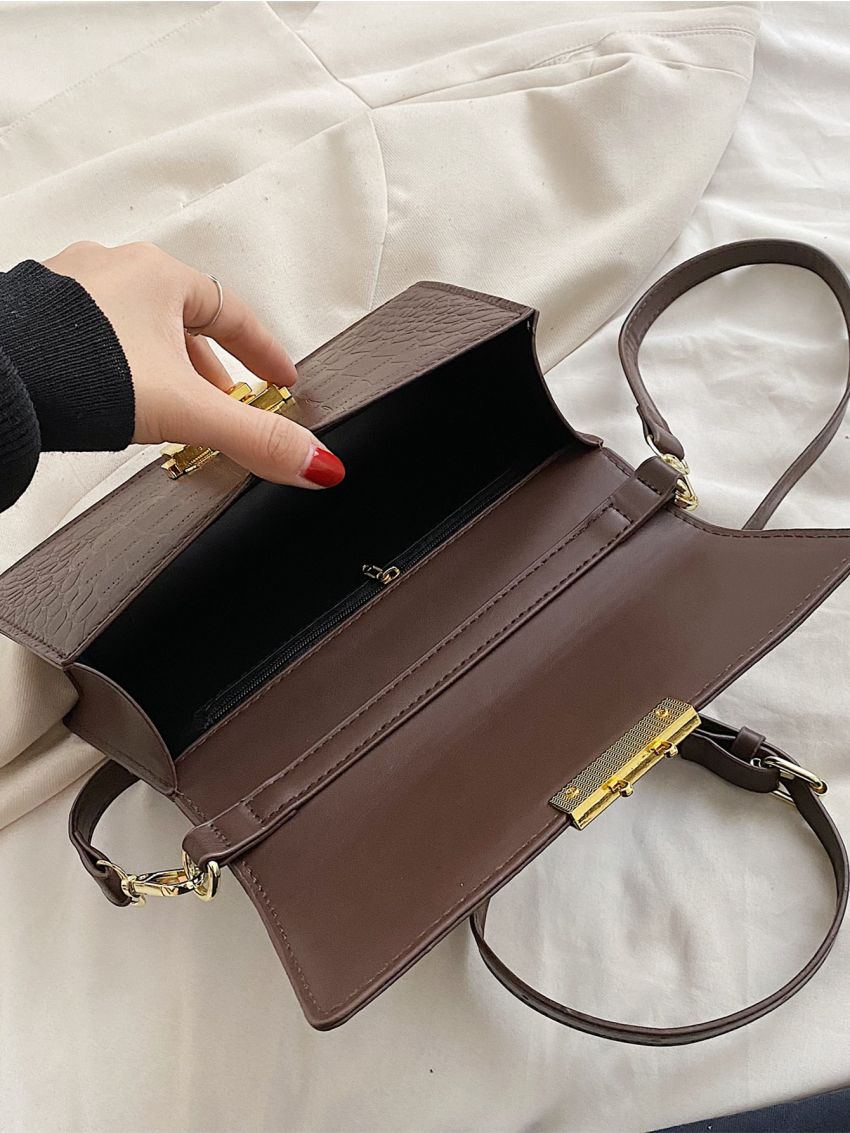 Crocodile Embossed Push Lock Flap Square Bag