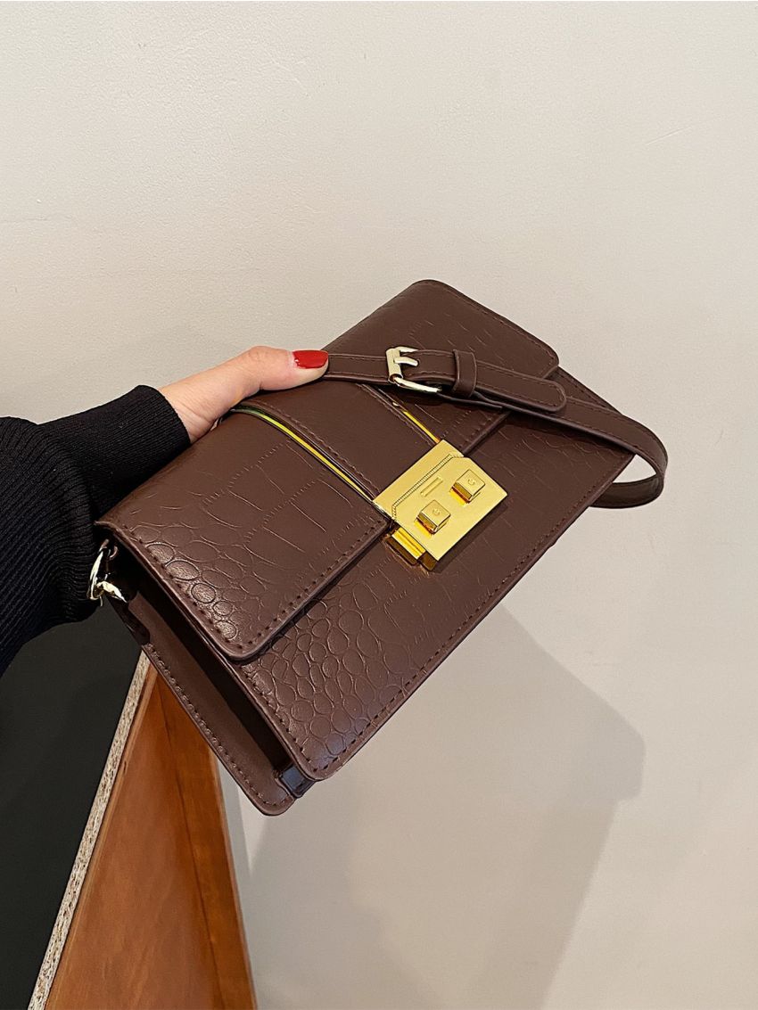 Crocodile Embossed Push Lock Flap Square Bag