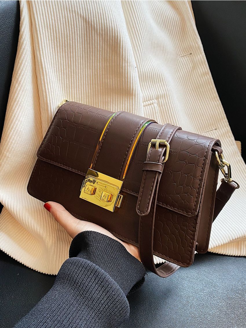 Crocodile Embossed Push Lock Flap Square Bag