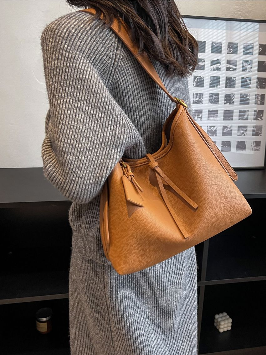 Litchi Embossed Bucket Bag With Inner Pouch