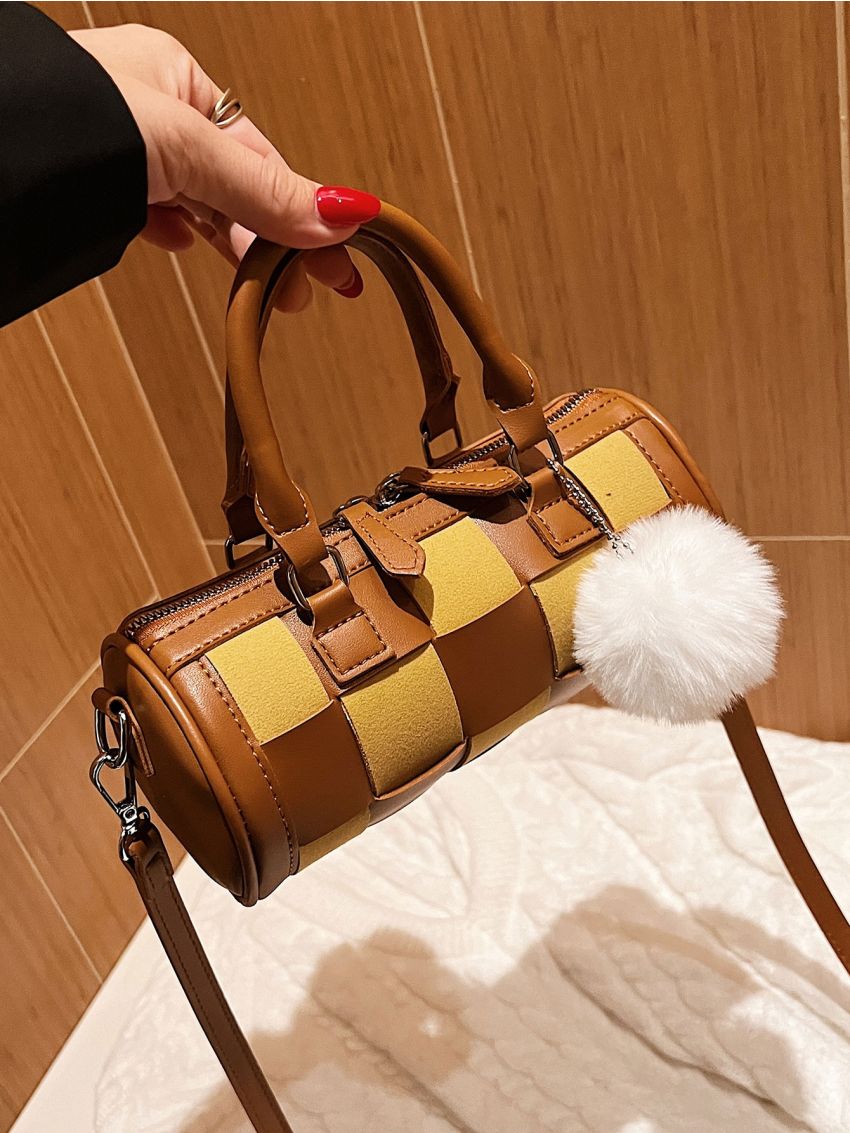 Colorblock Boston Bag With Pom Pom Charm