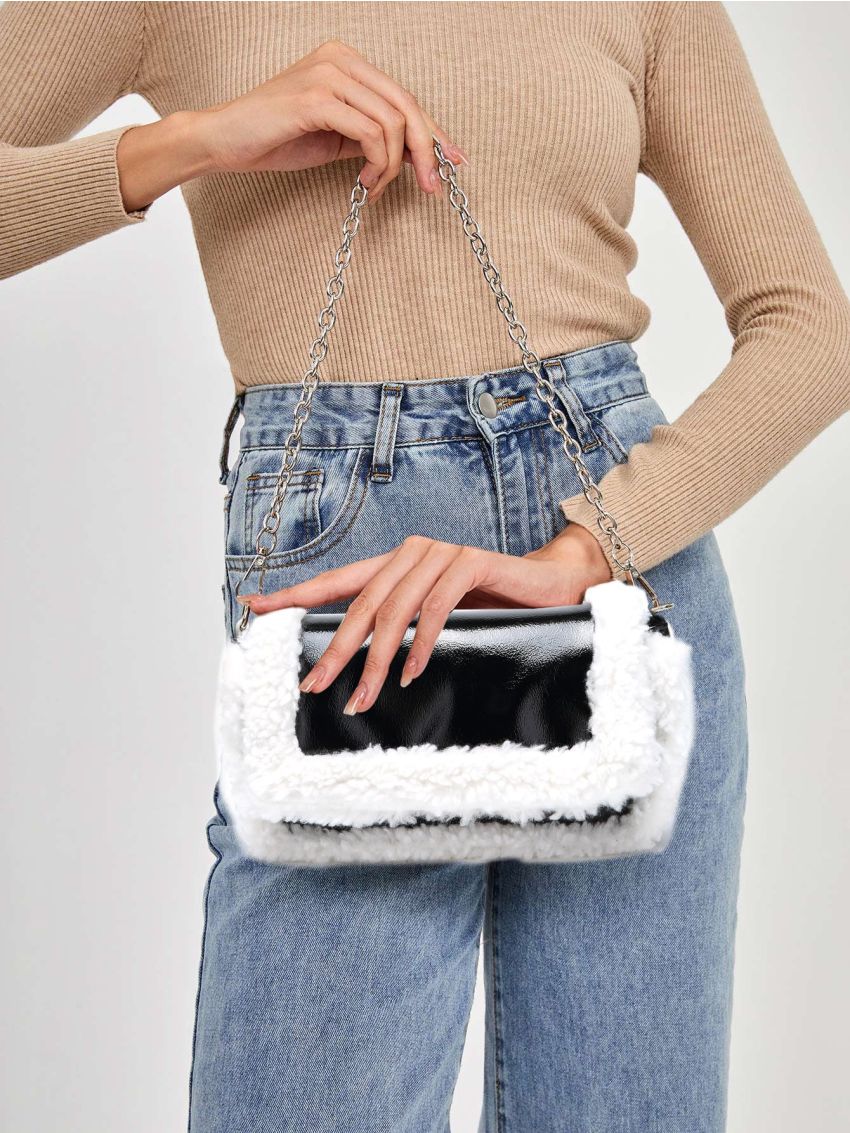 Fuzzy Panel Flap Chain Artificial Patent Leather Square Bag