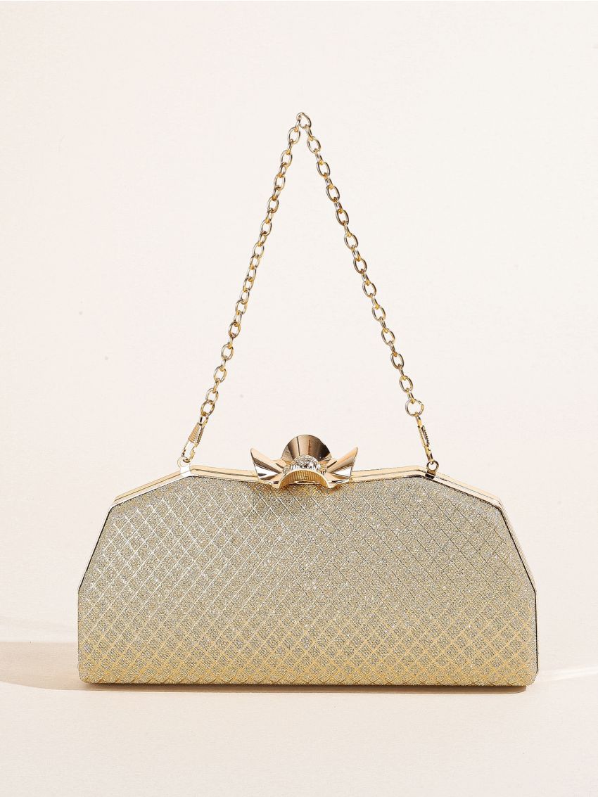 Flower & Rhinestone Decor Glitter Chain Box Bag