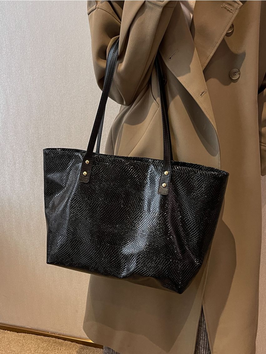 Snakeskin Embossed Shoulder Tote Bag