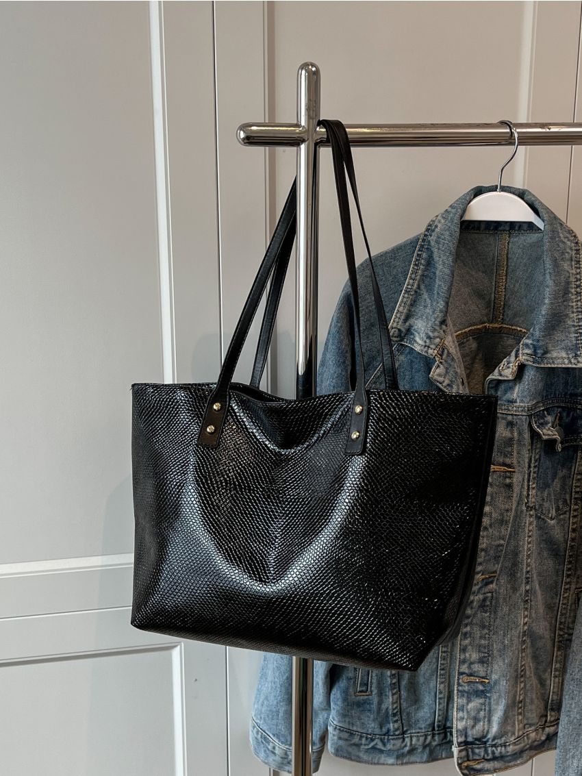 Snakeskin Embossed Shoulder Tote Bag