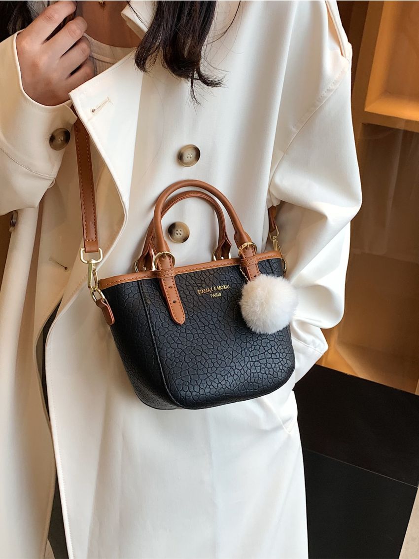 Embossed Detail Pom Pom Decor Satchel Bag
