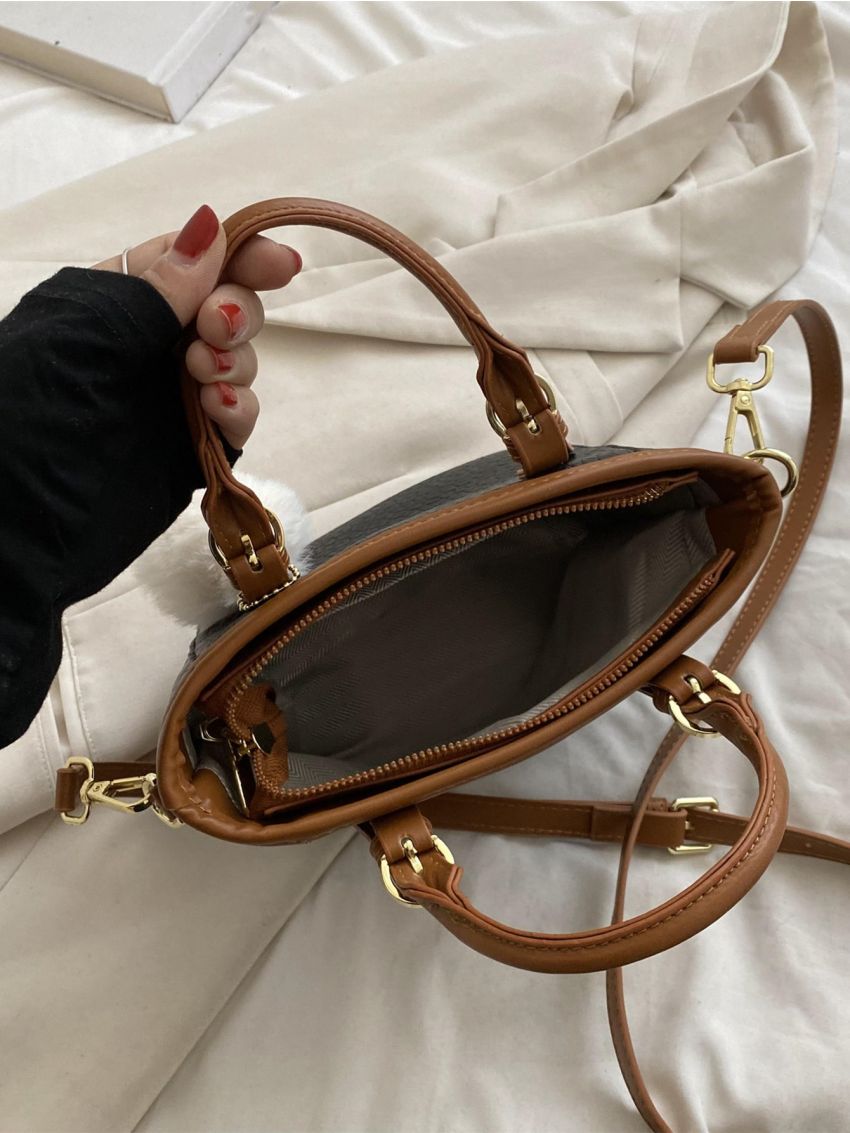 Embossed Detail Pom Pom Decor Satchel Bag