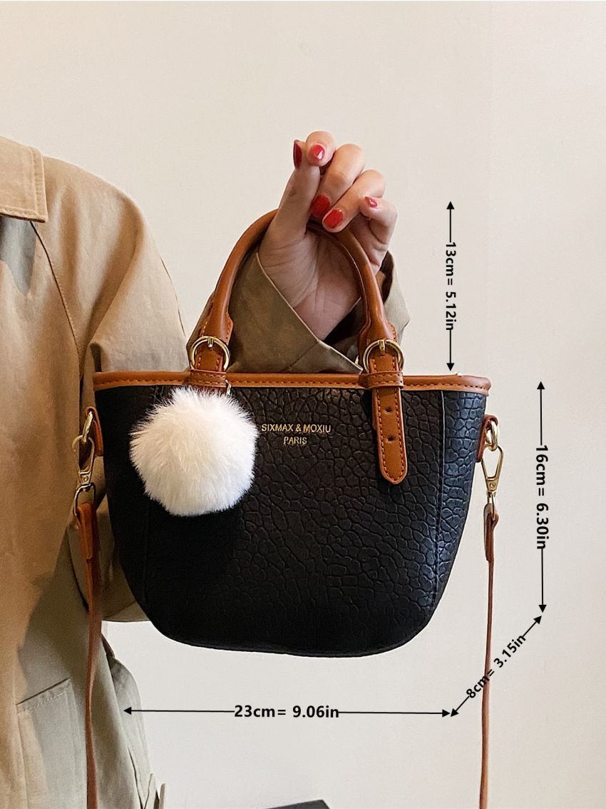Embossed Detail Pom Pom Decor Satchel Bag