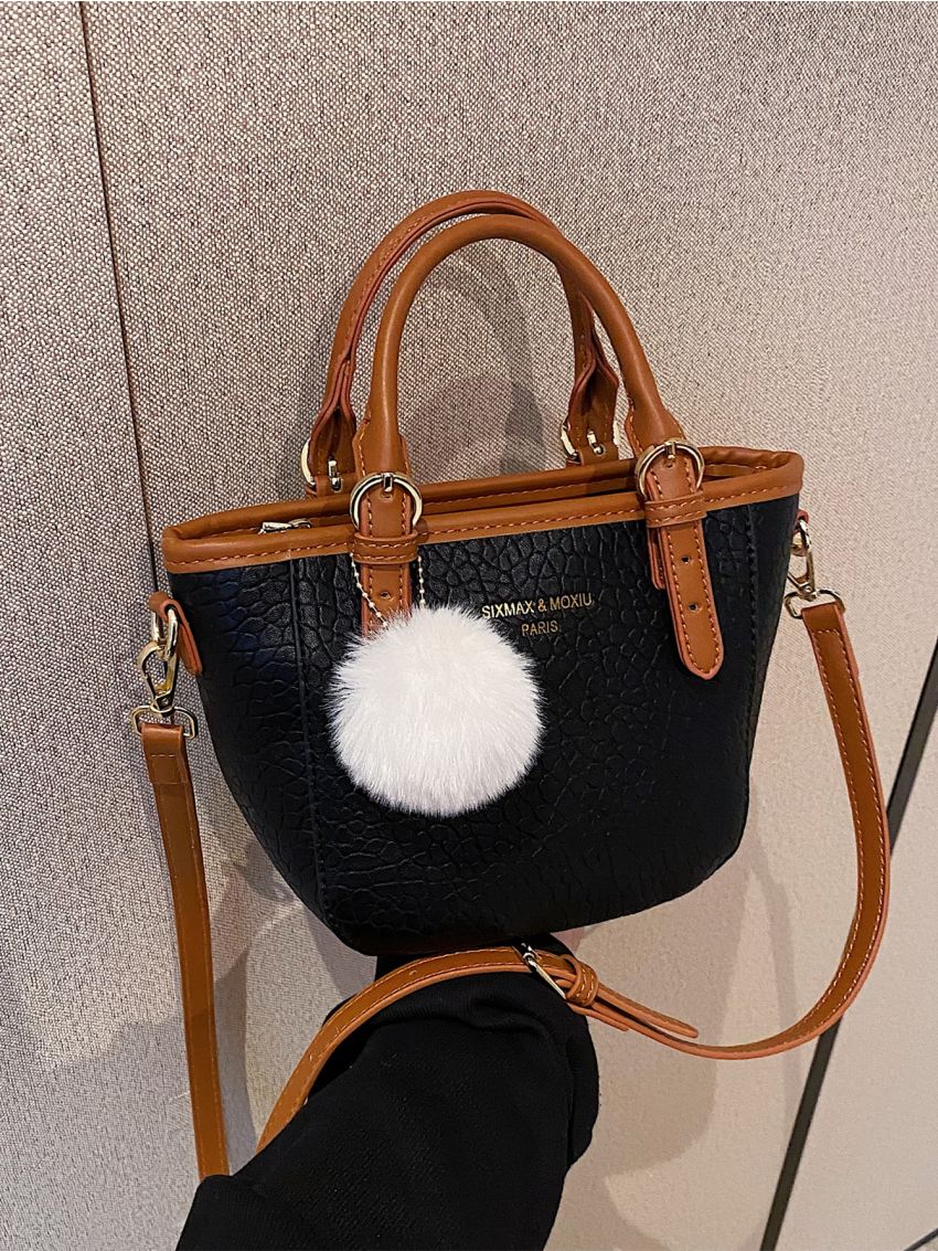 Embossed Detail Pom Pom Decor Satchel Bag