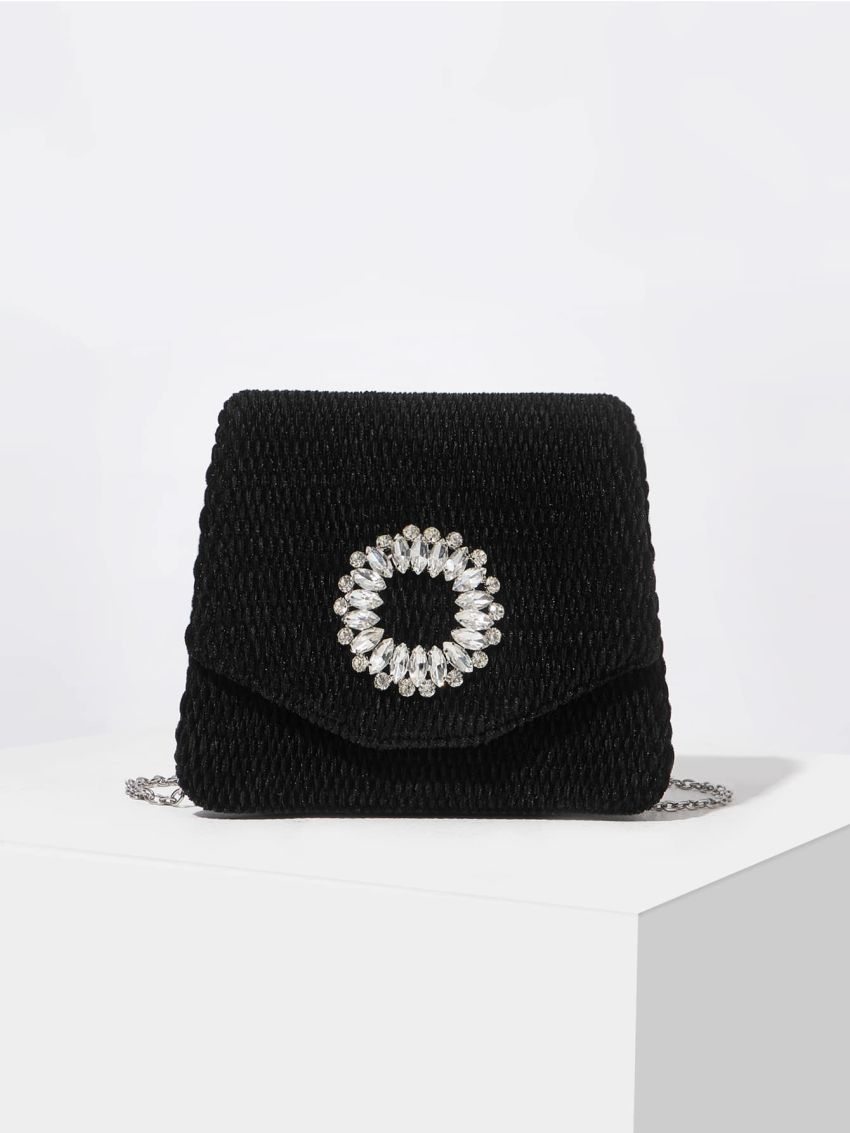 PREMIUM MINI RHINESTONE DECOR VELVET SQUARE BAG