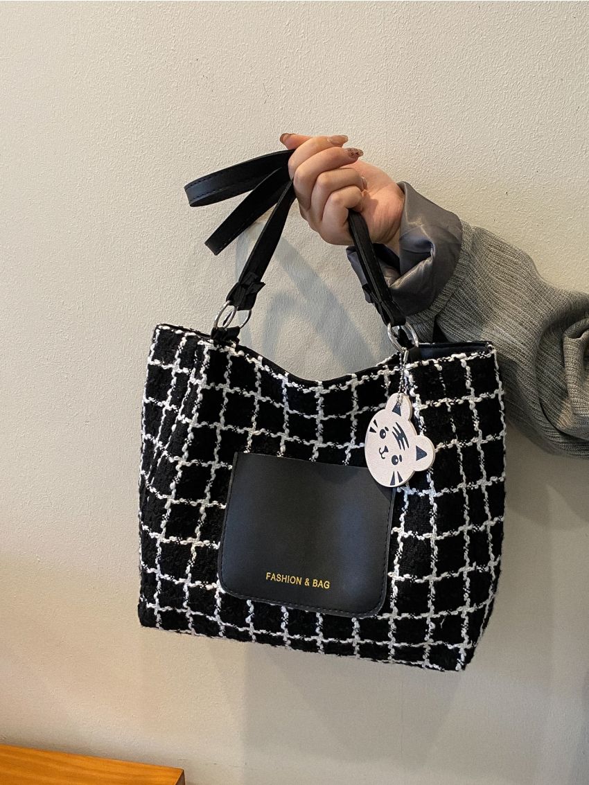 Colorblock Plaid Letter Print Square Bag With Cartoon Bag Charm