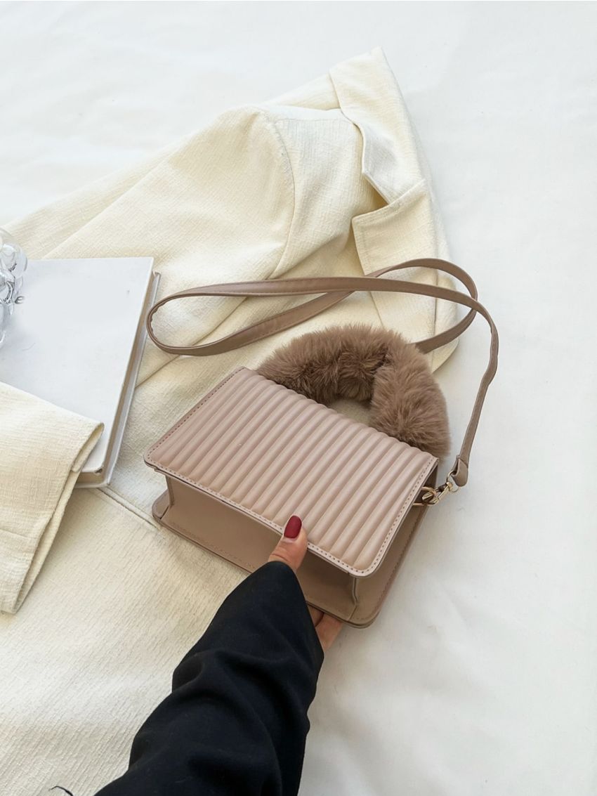 Mini Metal Detail Fuzzy Top Handle Flap Square Bag