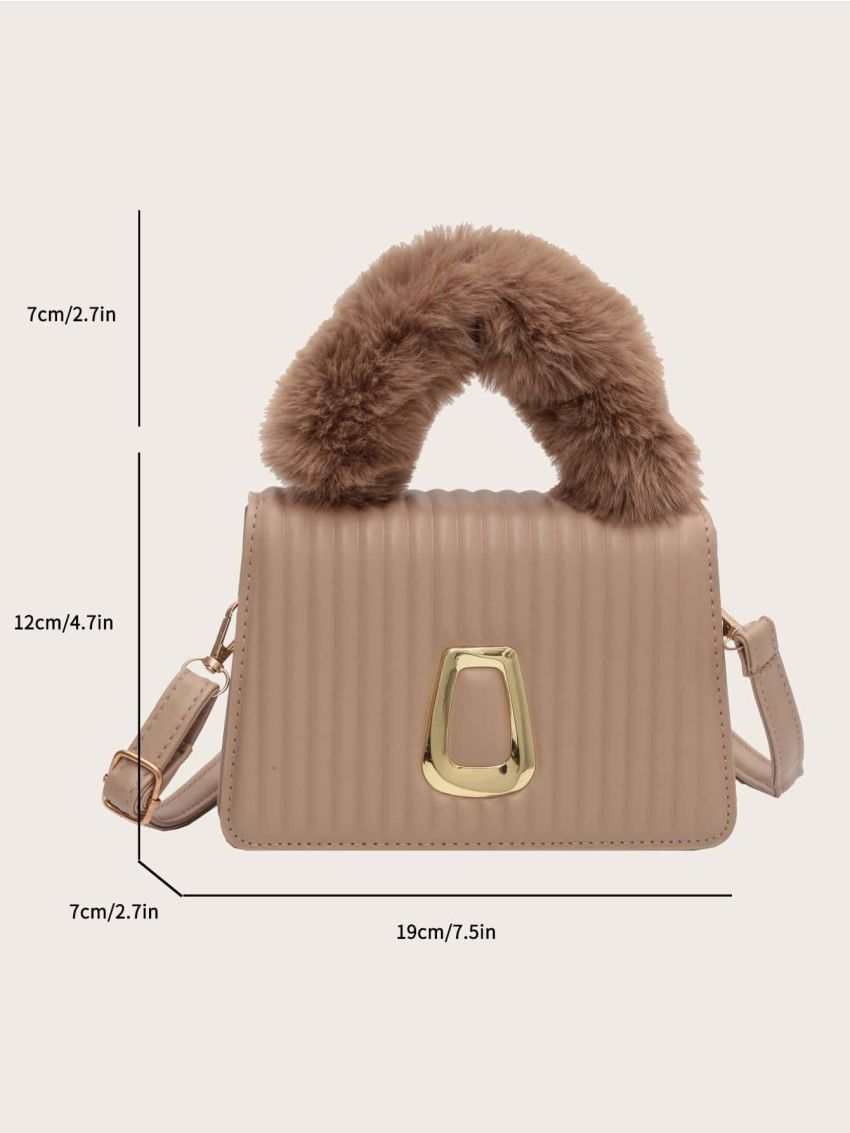 Mini Metal Detail Fuzzy Top Handle Flap Square Bag