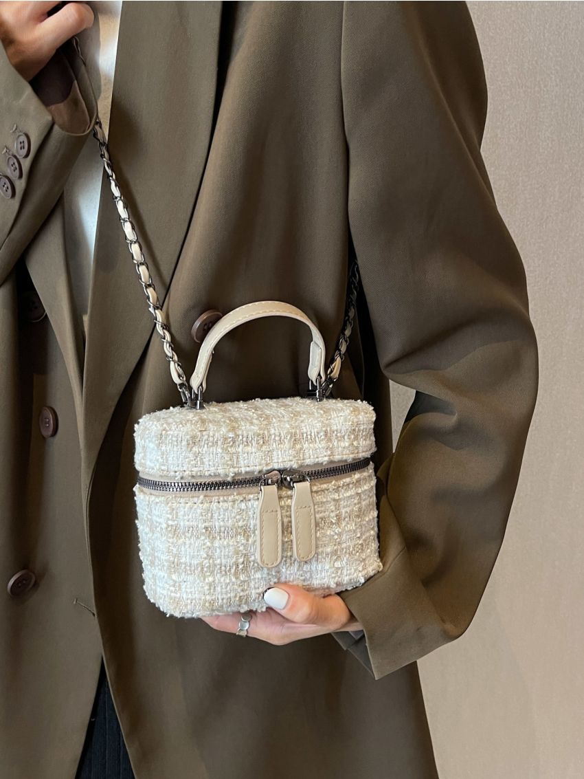 Mini Plaid Pattern Chain Tweed Bucket Bag